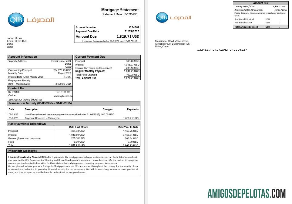 Extrato de hipoteca do Banco Islâmico do Catar em formatos Word e PDF amostra